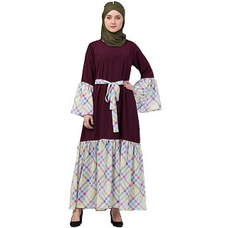 Printed Casual dress abaya- Wine and printed